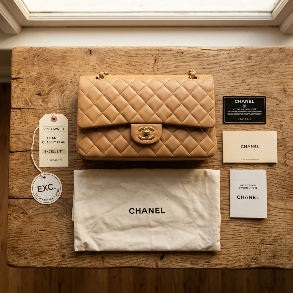 A flat lay of a luxury handbag with authenticity cards and grading tags
