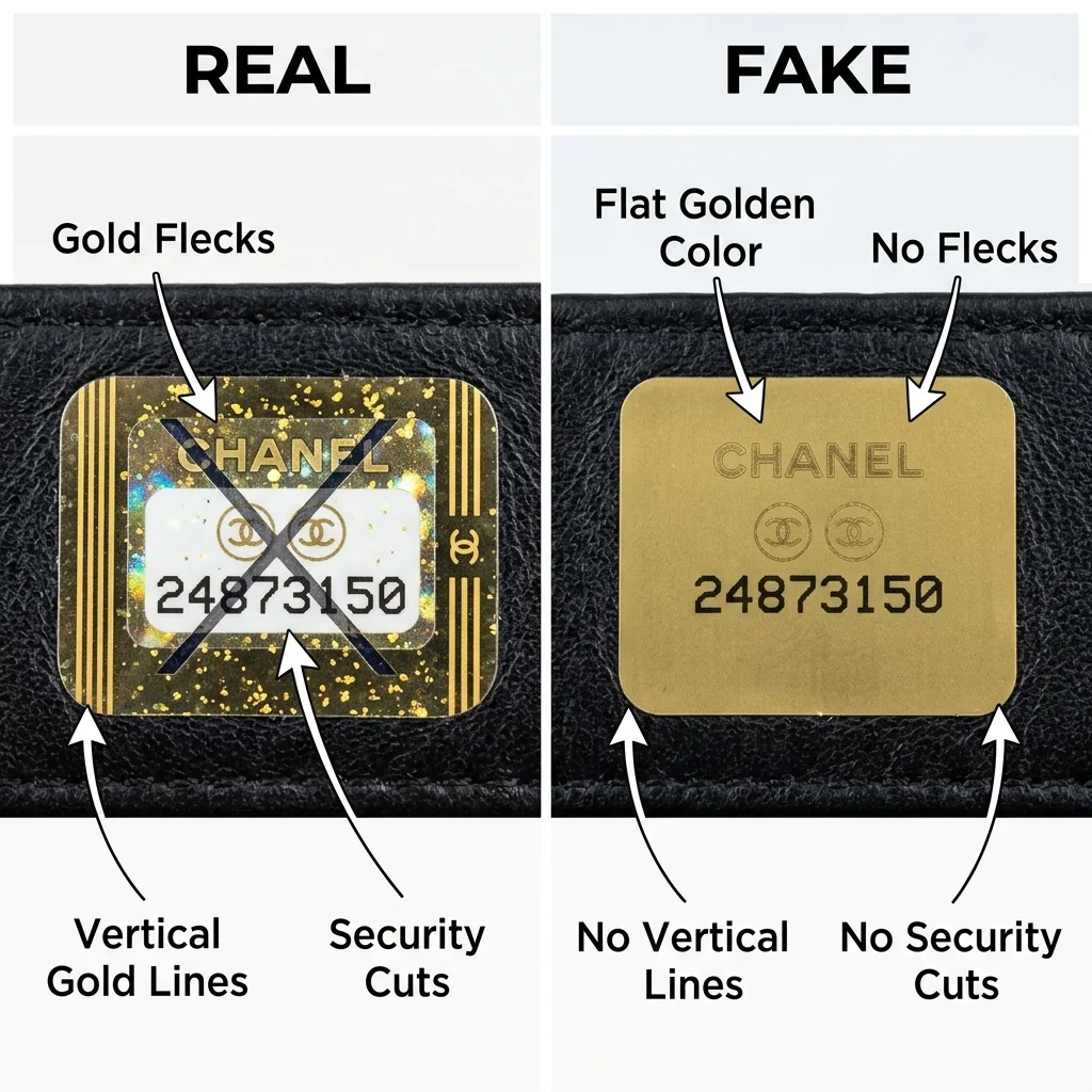 Side-by-side comparison of a real Chanel hologram sticker with gold speckles and clear X-cuts vs a fake shiny sticker with straight text and no gold speckles