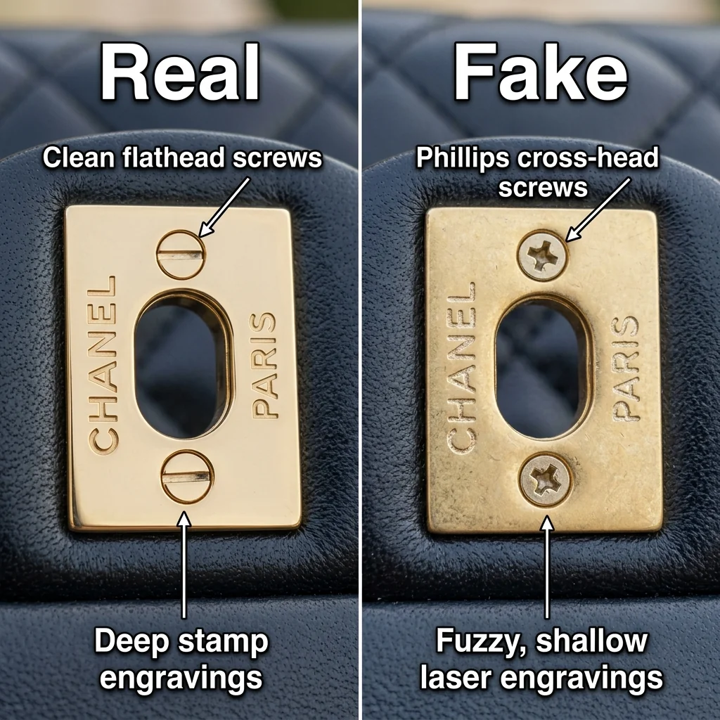 Side-by-side comparison of a genuine Chanel CC turnlock backplate showing clean engravings and flathead screws vs a fake backplate with messy laser engraving and Phillips screws