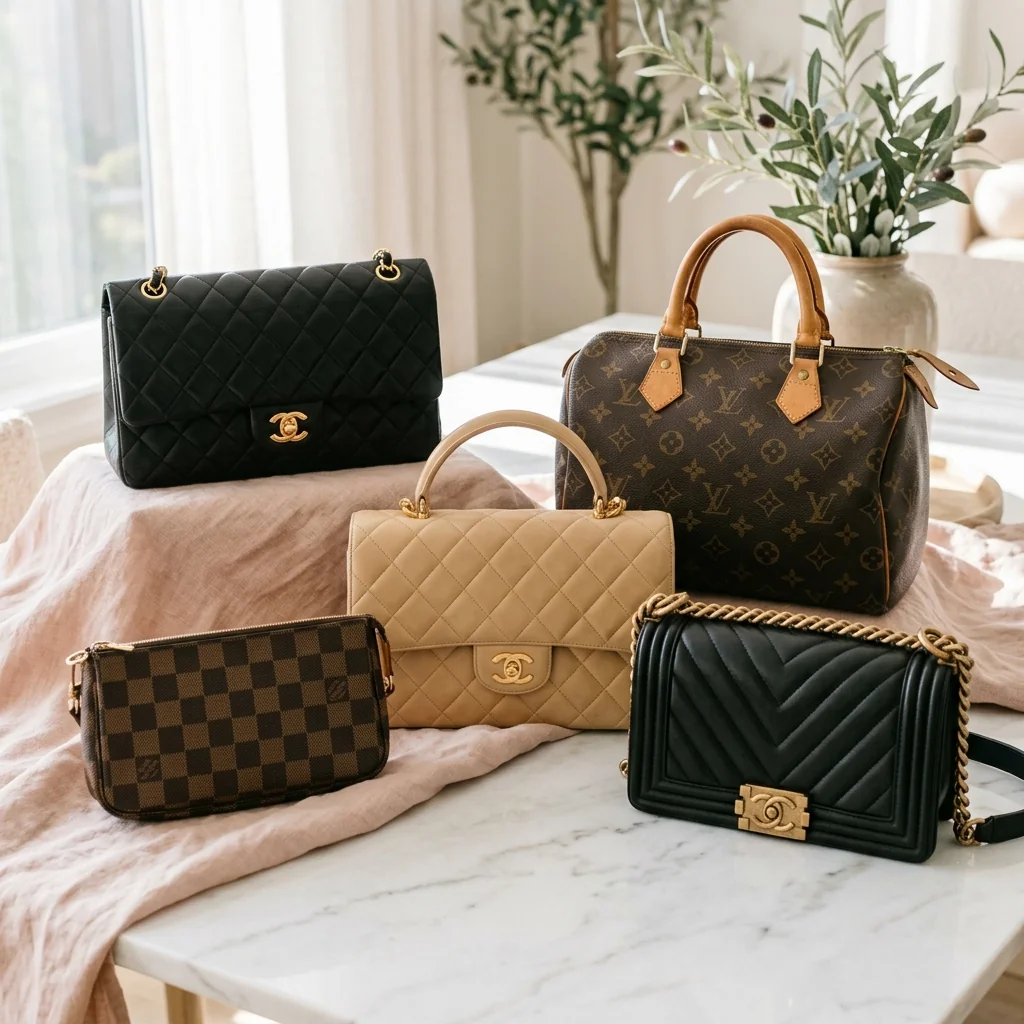 Curated preloved luxury handbags including Chanel and Louis Vuitton arranged on white marble with soft blush linen